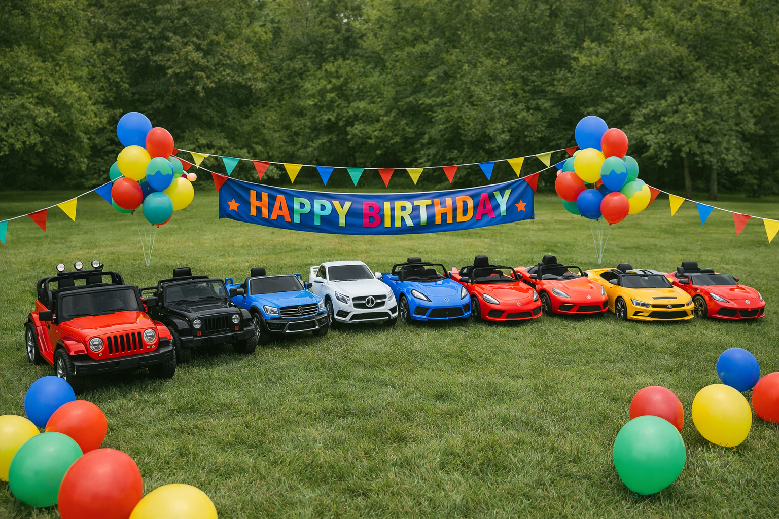 Ride On Party trailer side view with wrap and cars