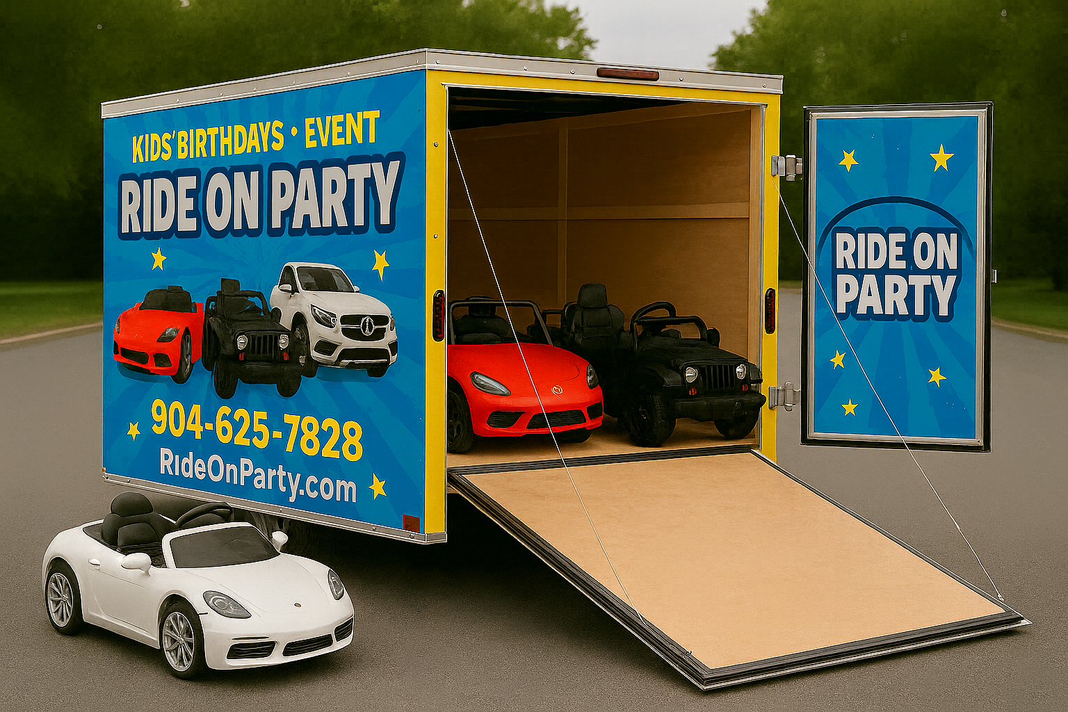 Ride On Party wrapped trailer with ride-on cars