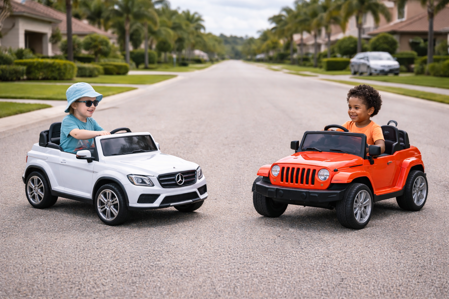 Back doors open showing ride-on cars inside trailer